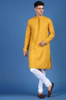 Yellow printed cotton kurta-pajama