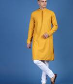 Yellow printed cotton kurta-pajama