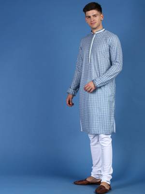 Blue printed cotton kurta-pajama 2