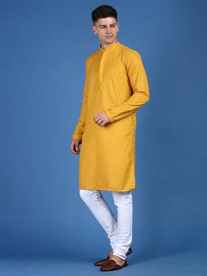 Yellow printed cotton kurta-pajama 2