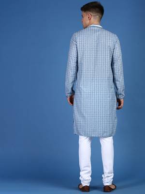 Blue printed cotton kurta-pajama 3