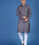 Grey printed cotton kurta-pajama