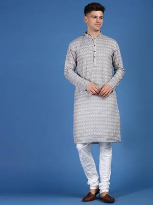 Blue printed cotton kurta-pajama 1