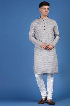 Blue printed cotton kurta-pajama
