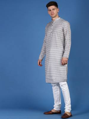 Blue printed cotton kurta-pajama 2