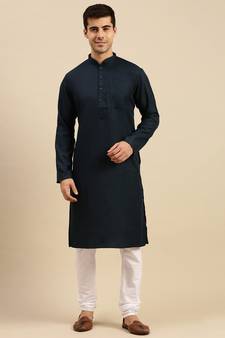 Blue solid cotton kurta-pajama