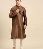 Brown solid art silk kurta-pajama