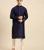 Blue solid art silk kurta-pajama