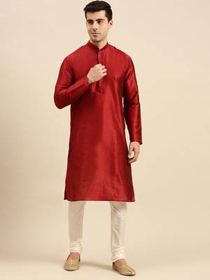 Red solid art silk kurta-pajama 1