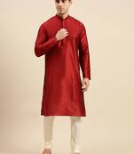 Red solid art silk kurta-pajama