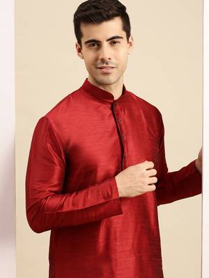 Red solid art silk kurta-pajama 2