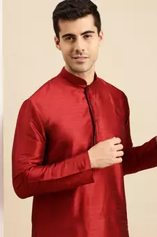 Red solid art silk kurta-pajama