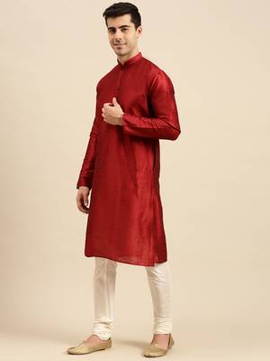 Red solid art silk kurta-pajama 3