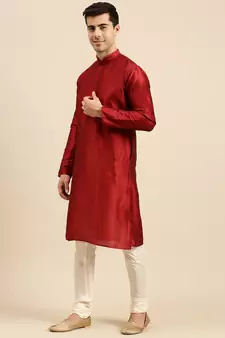 Red solid art silk kurta-pajama