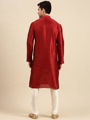 Red solid art silk kurta-pajama 4