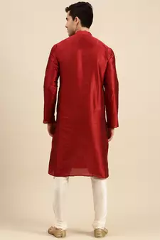 Red solid art silk kurta-pajama