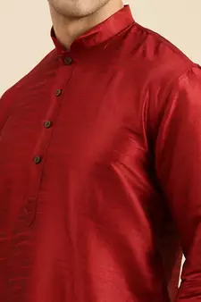 Red solid art silk kurta-pajama