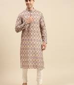 Yellow printed cotton kurta-pajama