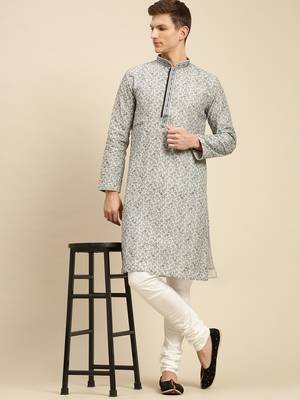 Grey woven art silk kurta-pajama 1