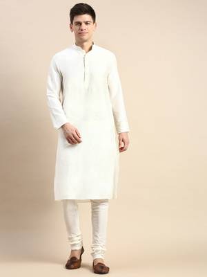 White solid cotton silk kurta-pajama 1