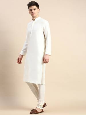 White solid cotton silk kurta-pajama 2