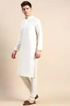 White solid cotton silk kurta-pajama