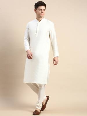 White solid cotton silk kurta-pajama 3