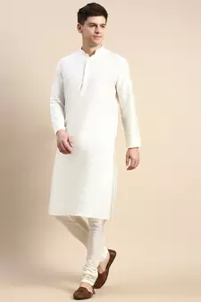 White solid cotton silk kurta-pajama