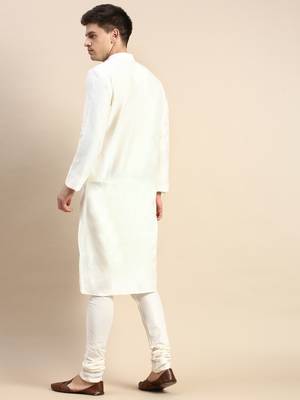 White solid cotton silk kurta-pajama 4