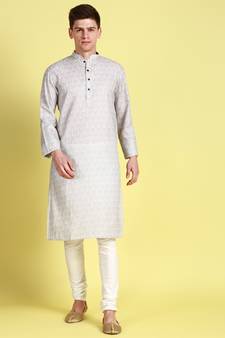 White printed cotton kurta-pajama