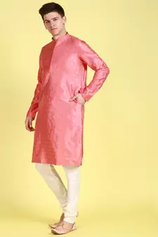 Pink printed art silk kurta-pajama