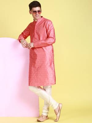 Pink printed art silk kurta-pajama 3