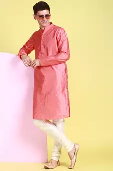 Pink printed art silk kurta-pajama