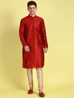 Red printed art silk kurta-pajama 1