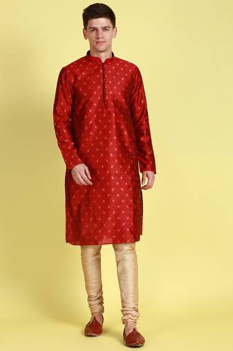 Red printed art silk kurta-pajama