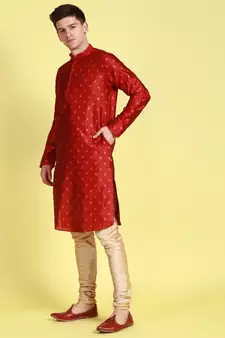 Red printed art silk kurta-pajama