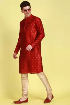Red printed art silk kurta-pajama