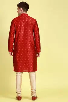 Red printed art silk kurta-pajama