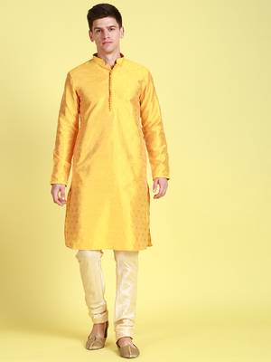 Yellow printed art silk kurta-pajama 1