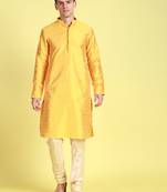 Yellow printed art silk kurta-pajama