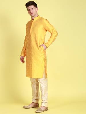Yellow printed art silk kurta-pajama 2