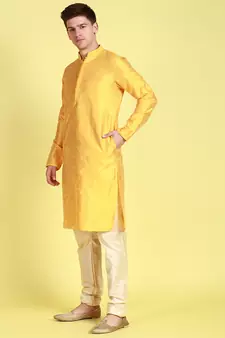 Yellow printed art silk kurta-pajama