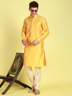 Yellow printed art silk kurta-pajama 3