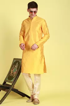 Yellow printed art silk kurta-pajama