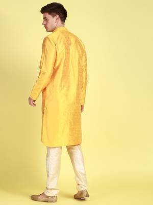 Yellow printed art silk kurta-pajama 4