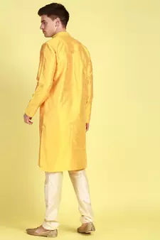 Yellow printed art silk kurta-pajama