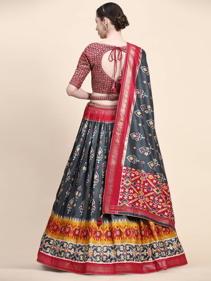 Red Printed Silk Traditional Lehnga Choli with Blouse Free Size