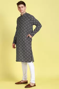 Black printed cotton kurta-pajama