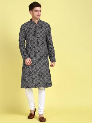 Black printed cotton kurta-pajama 3