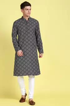 Black printed cotton kurta-pajama